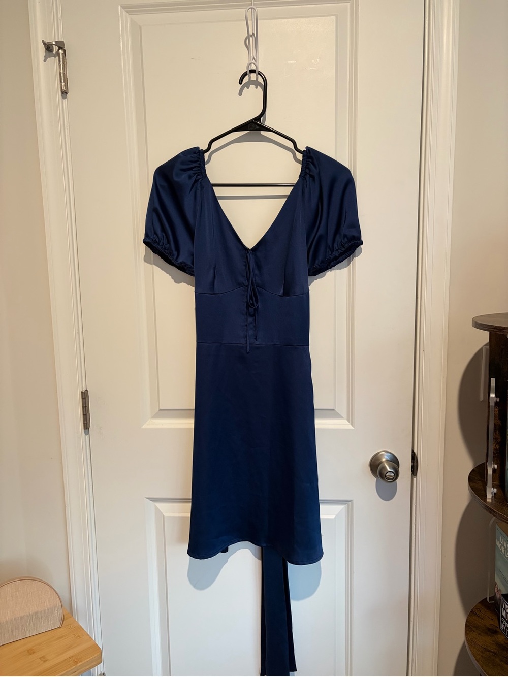 Dolls Kill Navy V-Neck Tie-Front Mini Dress with Puff Sleeves